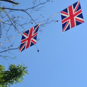 Britisg flags strung between trees
