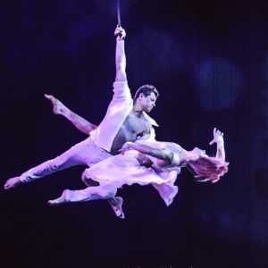 Two aerial performers posing in action. Purple, mysterious colour scheme.