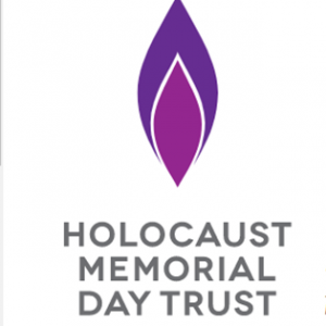 Holocaust Memorial Day Trust logo - a purple flame-like image sits above the words